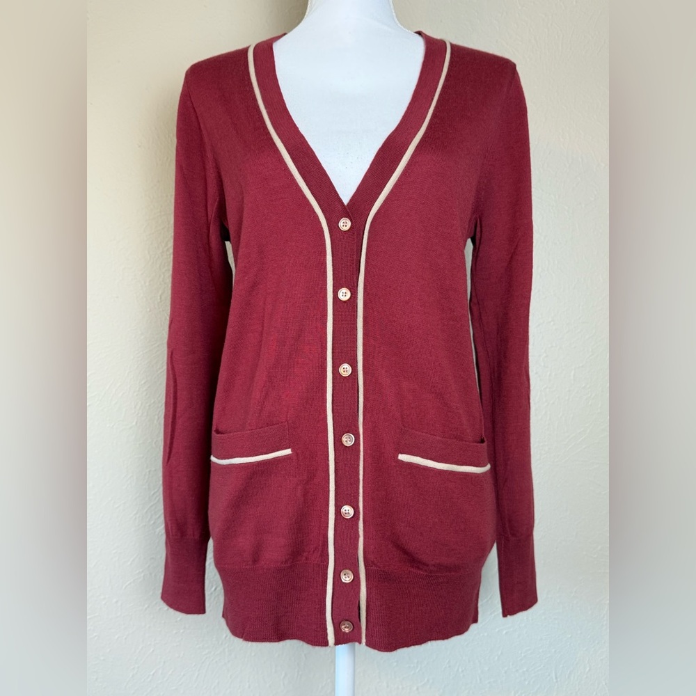 J. Crew Women’s Merino Wool Burgundy Cardigan with Beige Trim